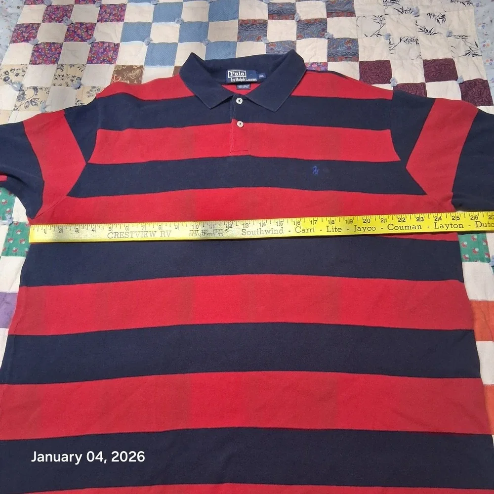 VTG Polo by‎ Ralph Lauren Shirt Size 2XL Red Blue Striped Cuffed Sleeve Pony